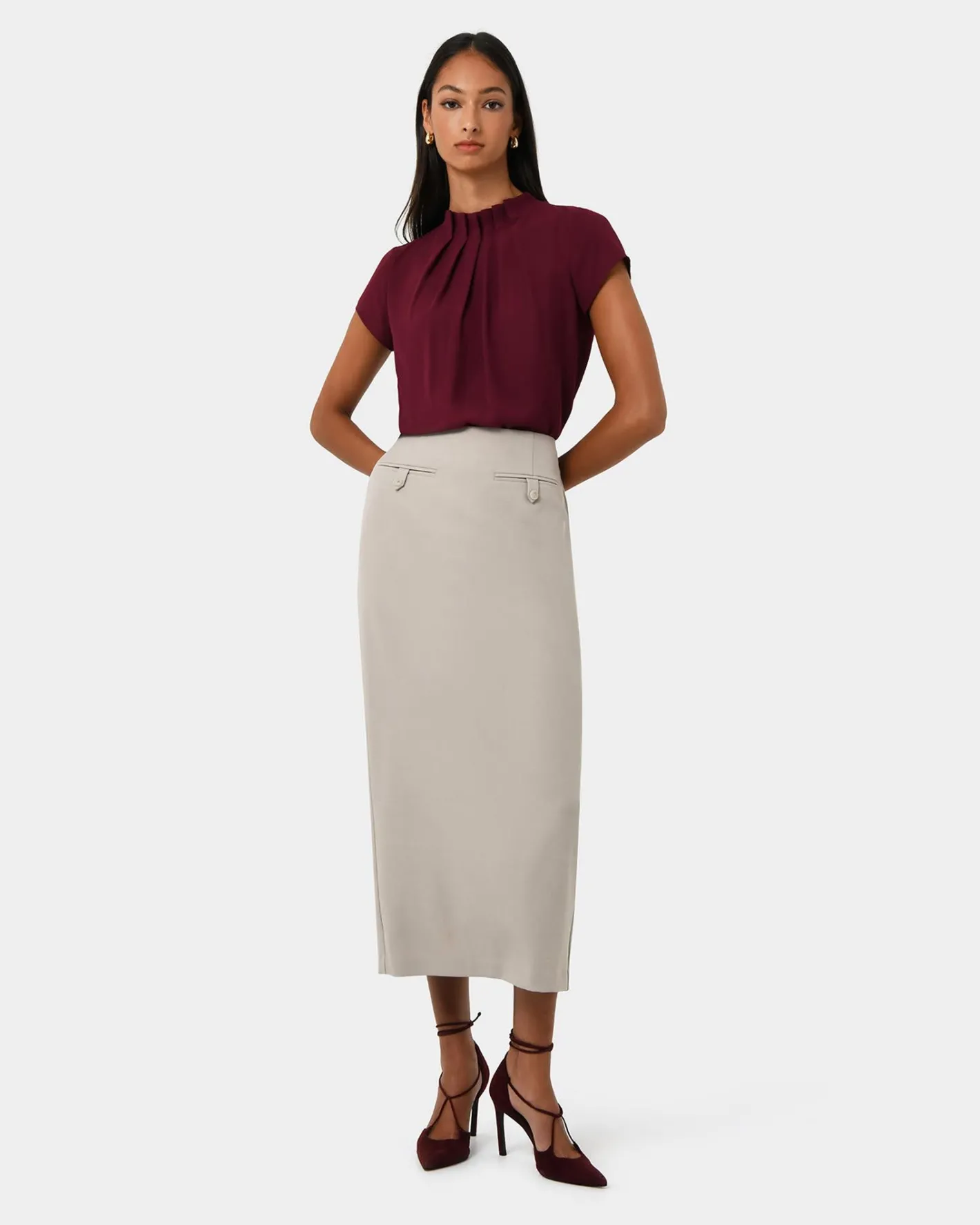 Forcast Milla Column Midi Skirt Stone Hot