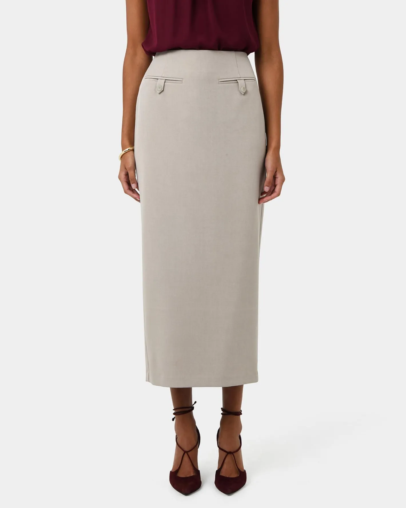 Forcast Milla Column Midi Skirt Stone Hot