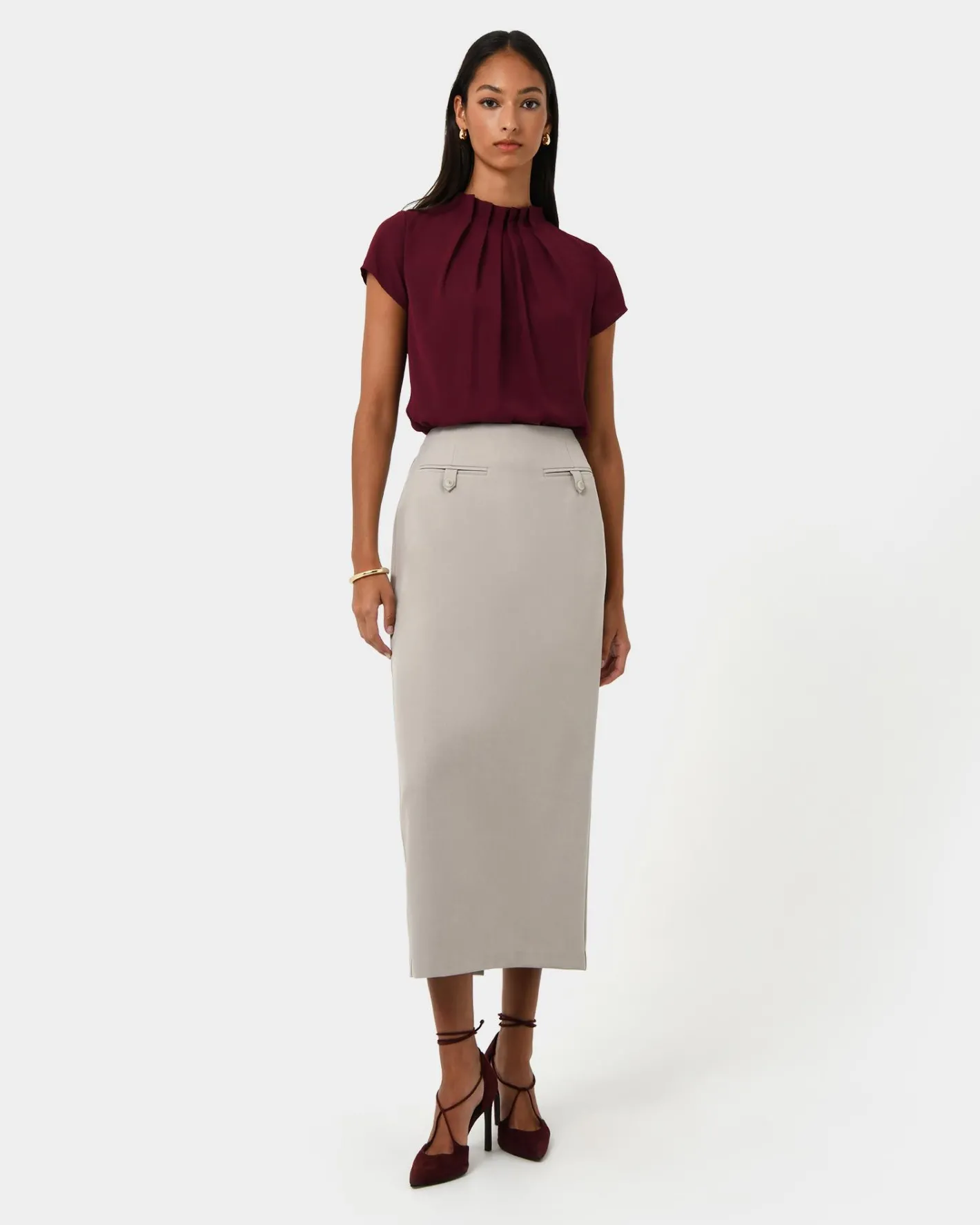Forcast Milla Column Midi Skirt Stone Hot