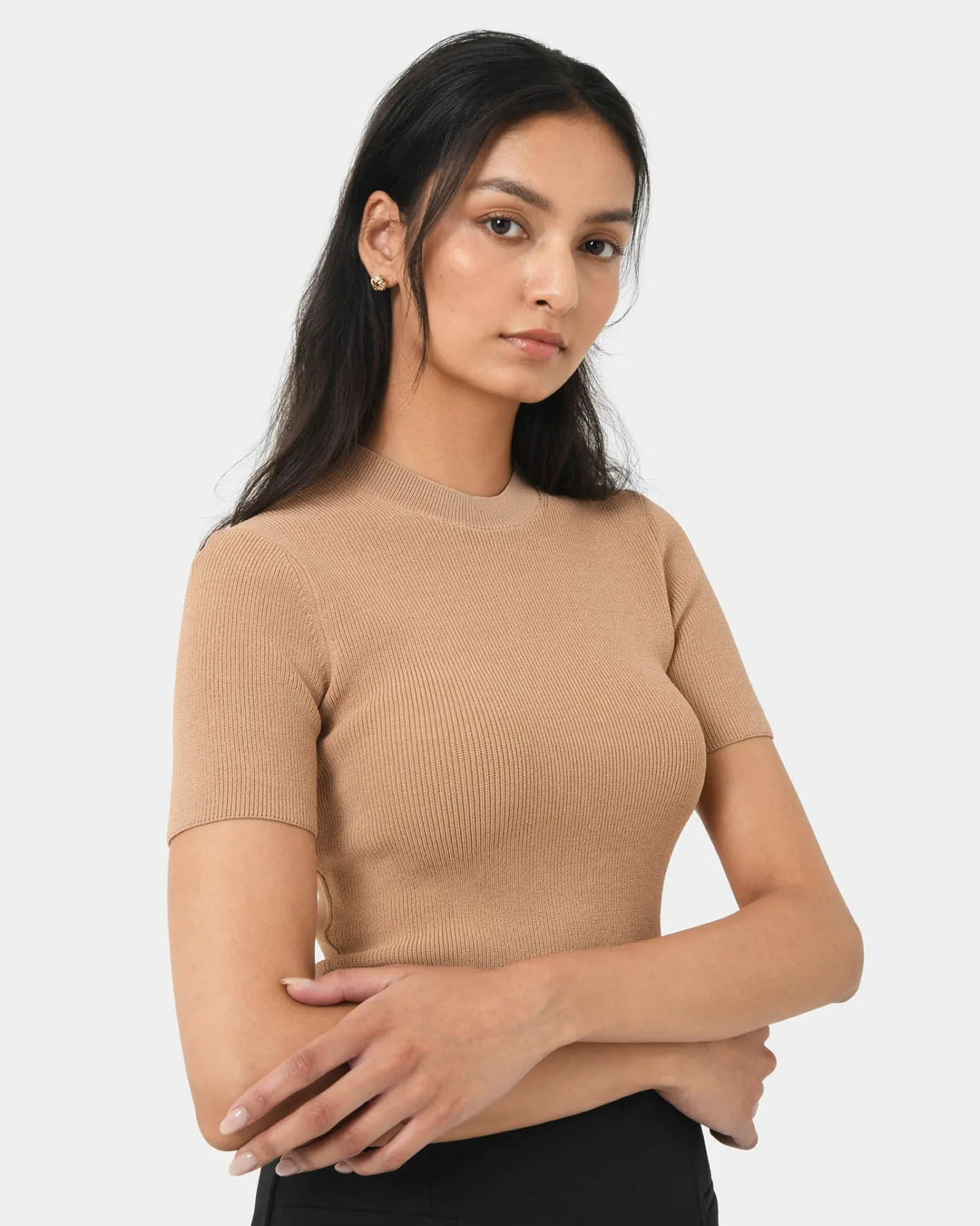 Forcast Murphy Crop Knit Top Camel New