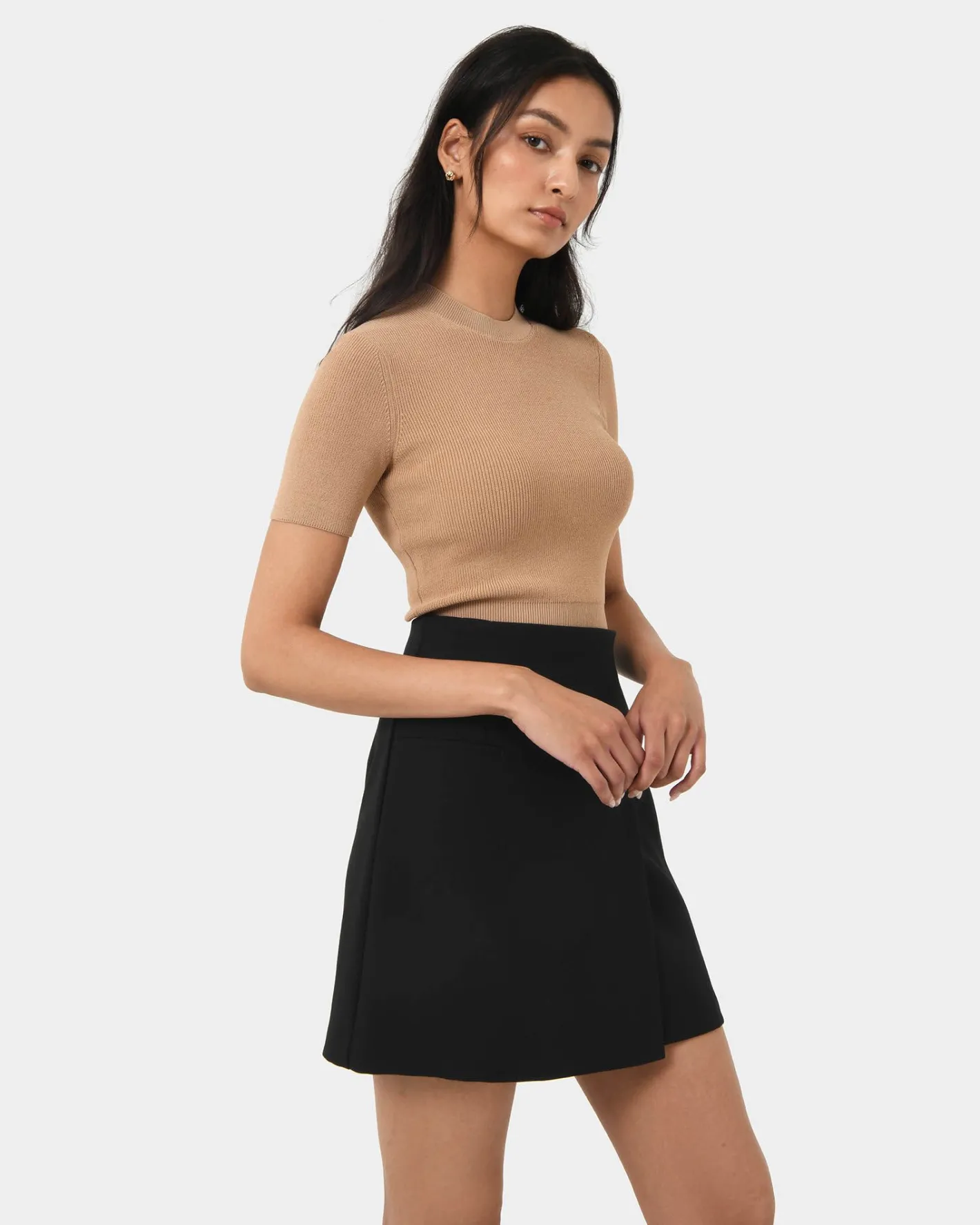 Forcast Murphy Crop Knit Top Camel New