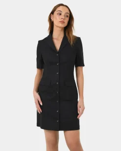 Forcast Nia Button Linen Dress Black Hot