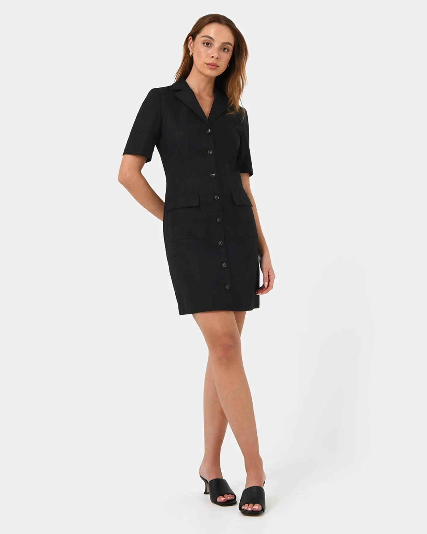 Forcast Nia Button Linen Dress Black Hot