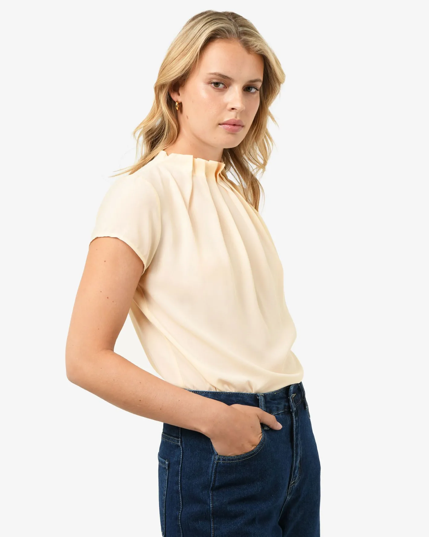 Forcast Olivia Pleated High Neck Top Eggshell Sale