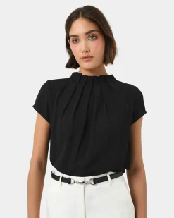 Forcast Olivia Pleated High Neck Top Black Clearance