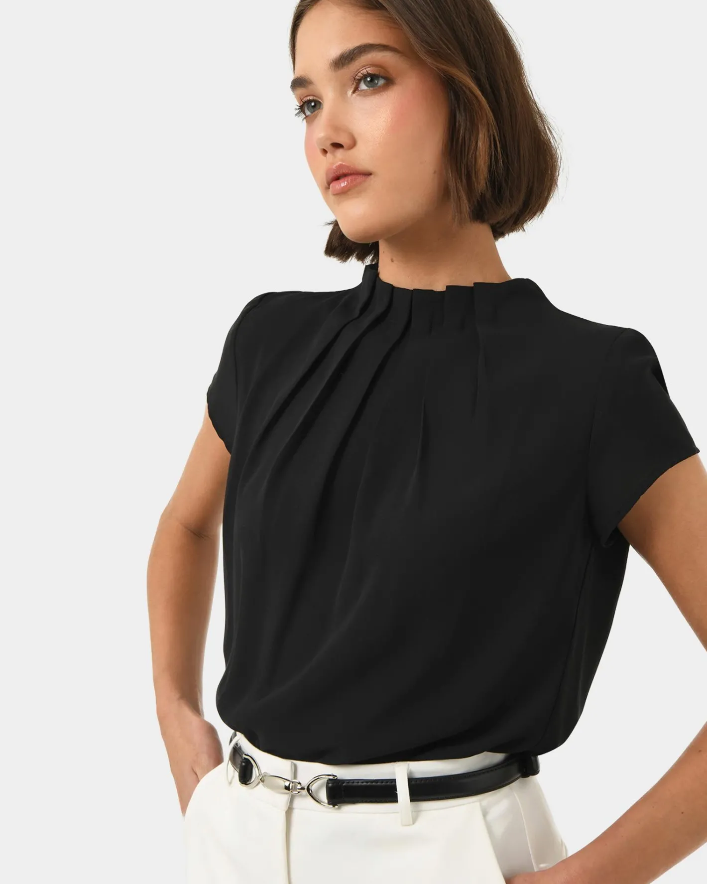 Forcast Olivia Pleated High Neck Top Black Clearance