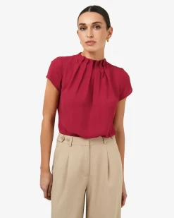 Forcast Olivia Pleated High Neck Top Crimson Best