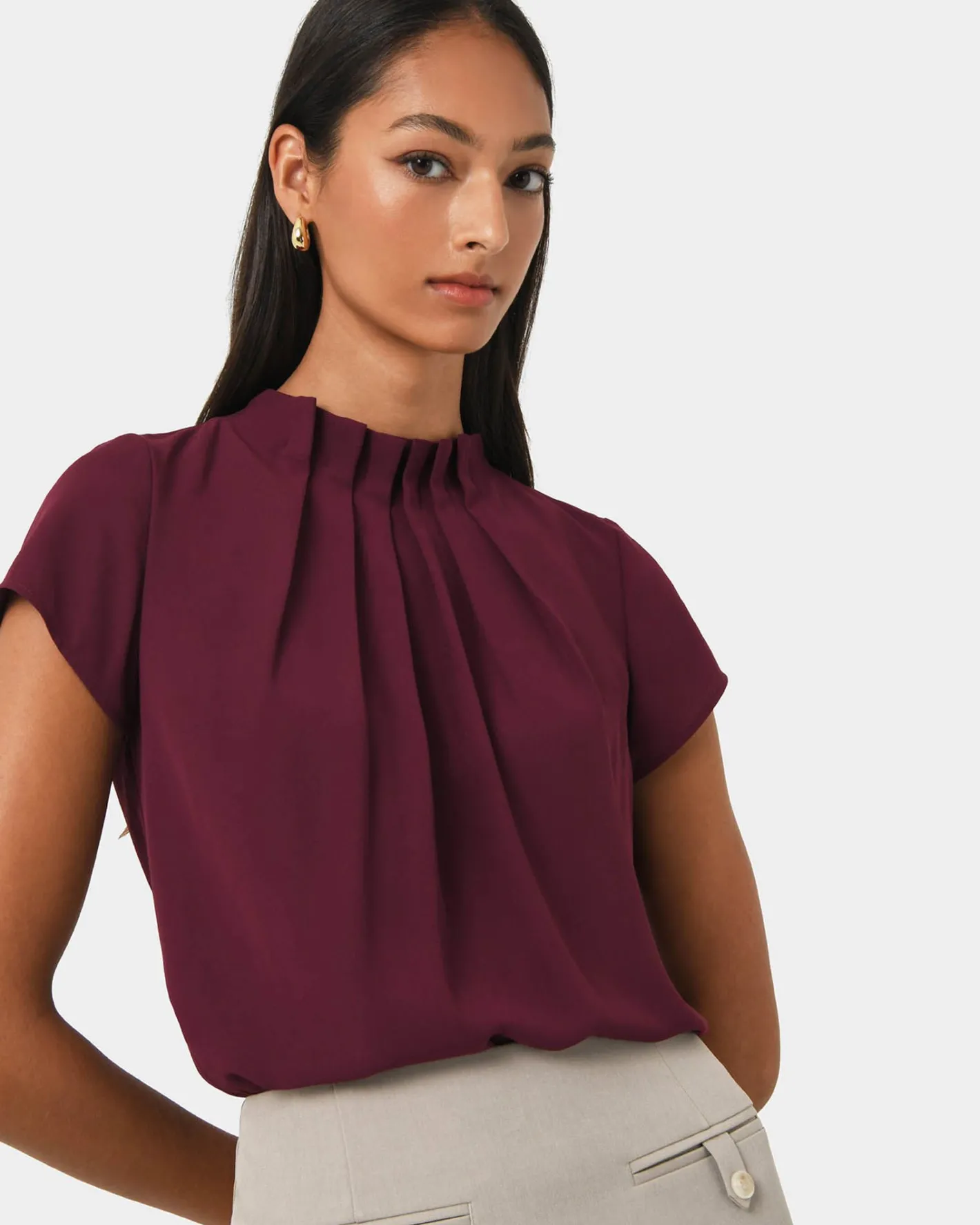 Forcast Olivia Pleated High Neck Top Wine