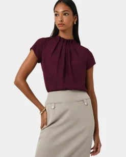 Forcast Olivia Pleated High Neck Top Wine