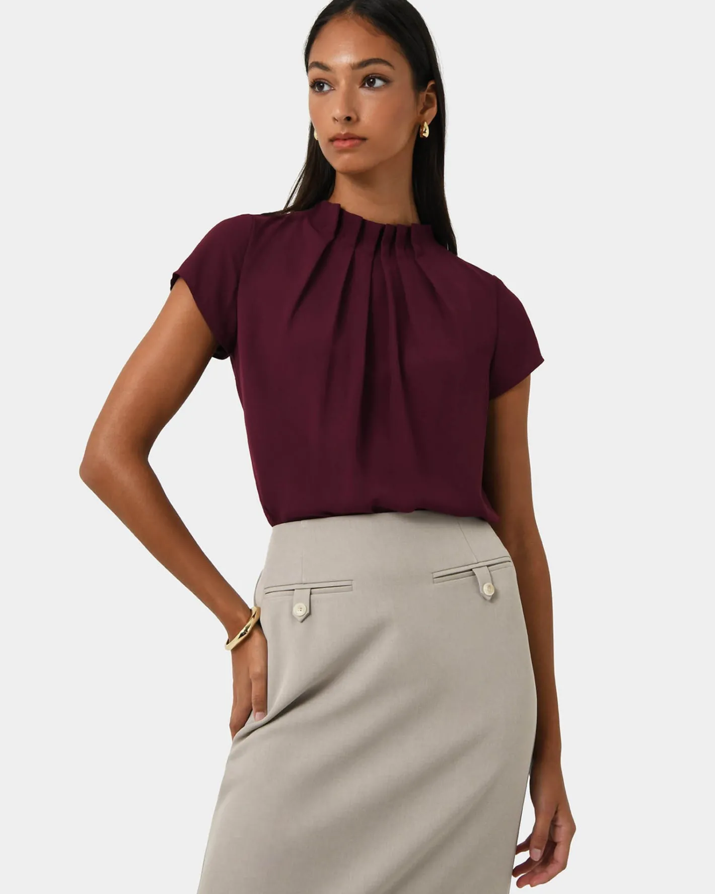 Forcast Olivia Pleated High Neck Top Wine