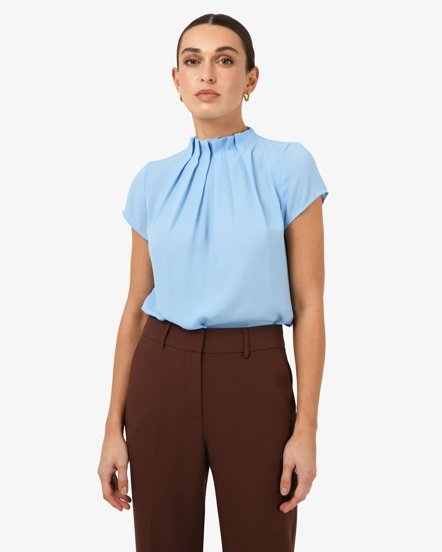 Forcast Olivia Pleated High Neck Top Baby Blue Online