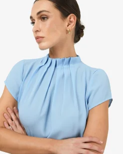 Forcast Olivia Pleated High Neck Top Baby Blue Online