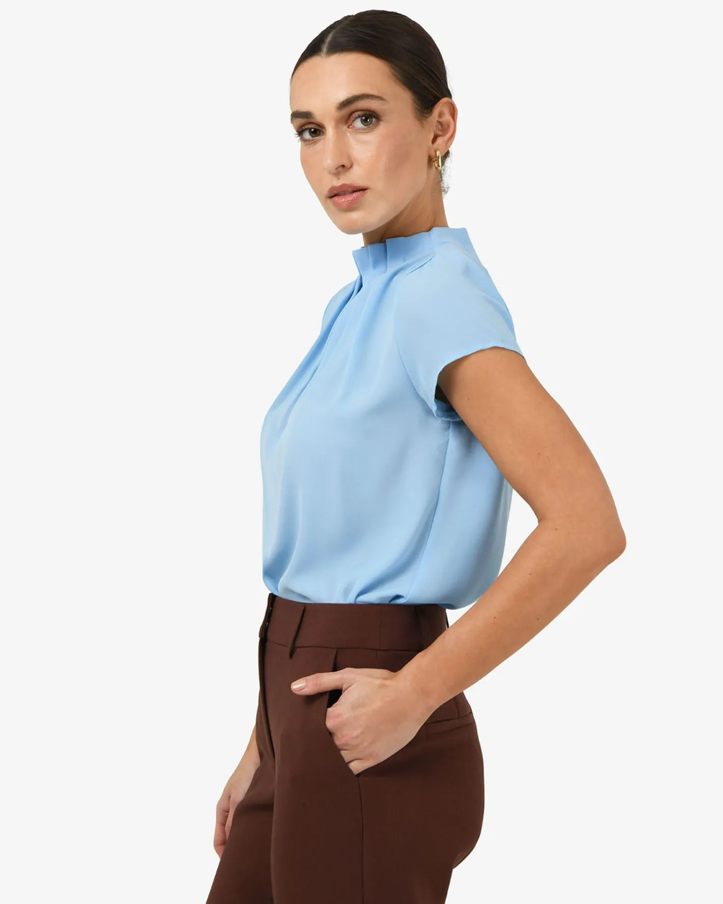 Forcast Olivia Pleated High Neck Top Baby Blue Online