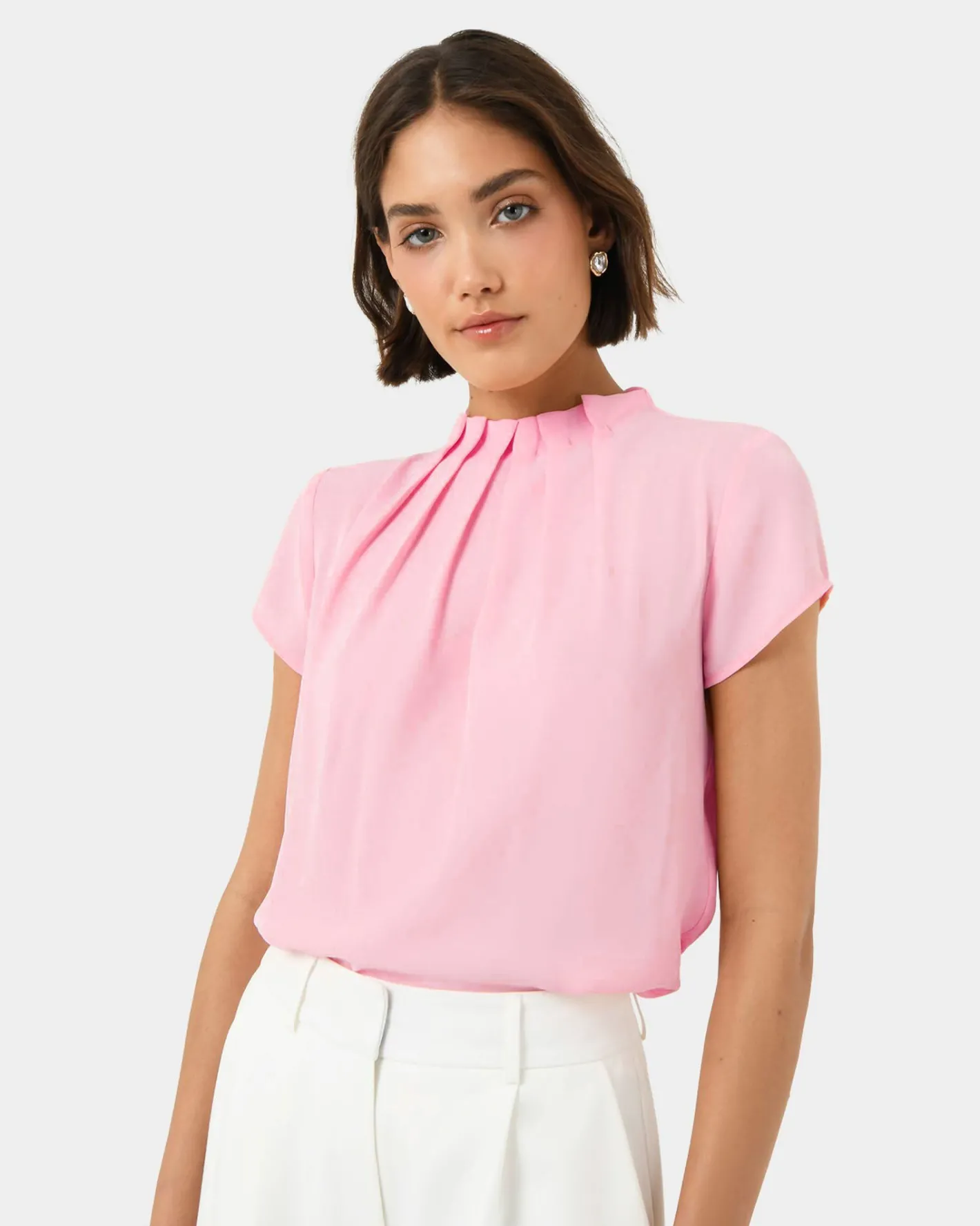 Forcast Olivia Pleated High Neck Top Baby Pink Clearance