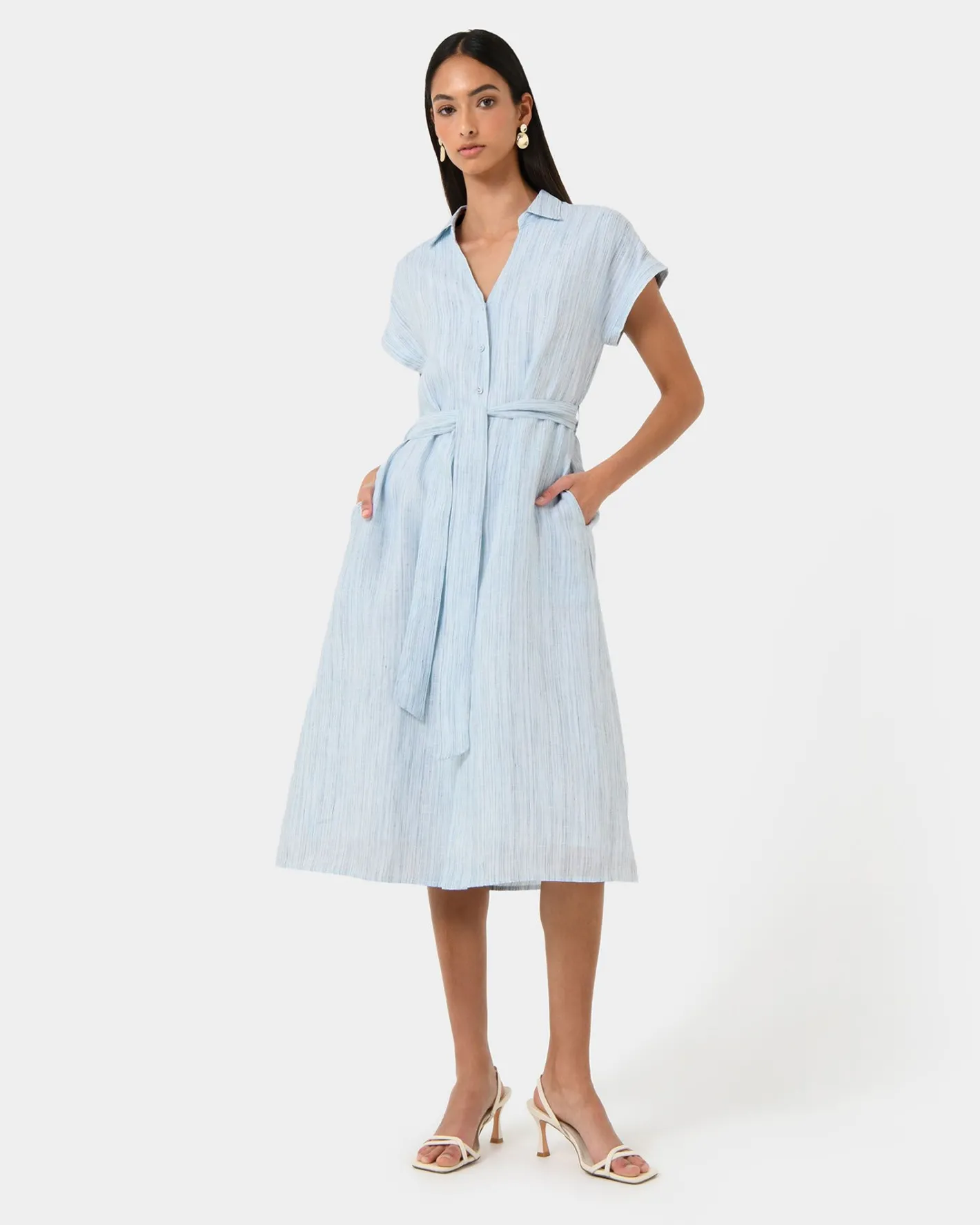 Forcast Paris Linen Midi Dress Blue Stripe Discount