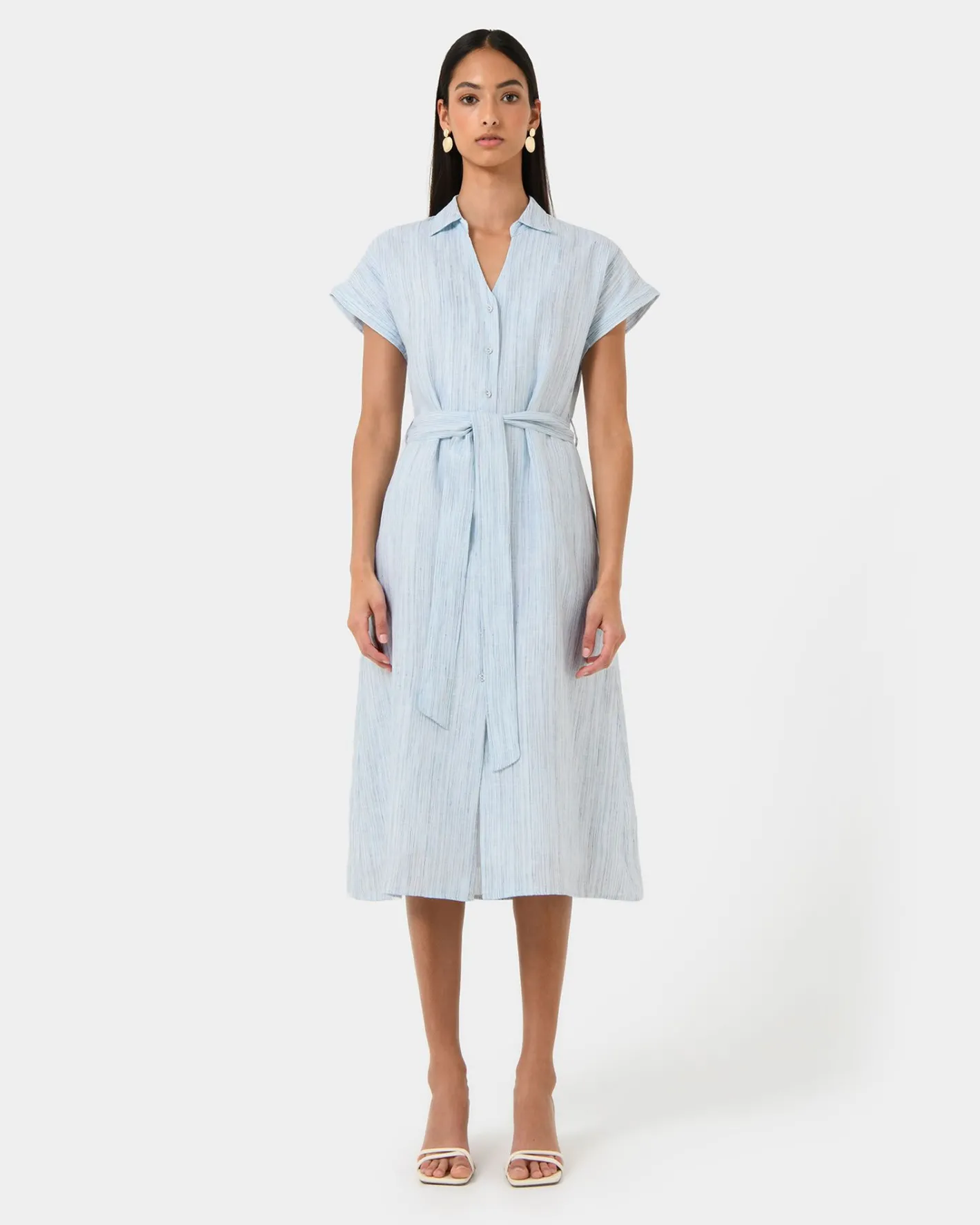 Forcast Paris Linen Midi Dress Blue Stripe Discount