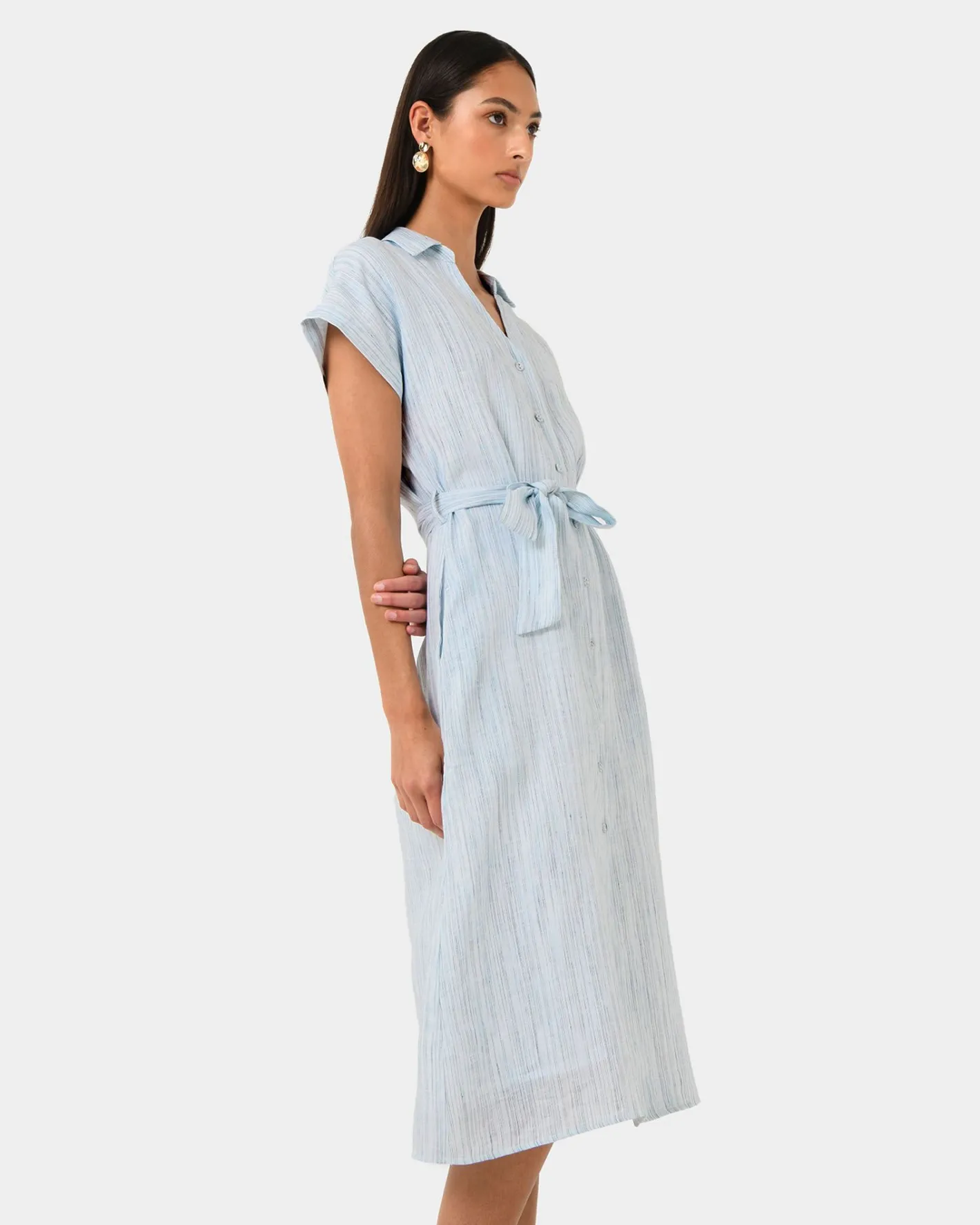 Forcast Paris Linen Midi Dress Blue Stripe Discount