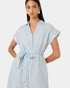 Forcast Paris Linen Midi Dress Blue Stripe Discount