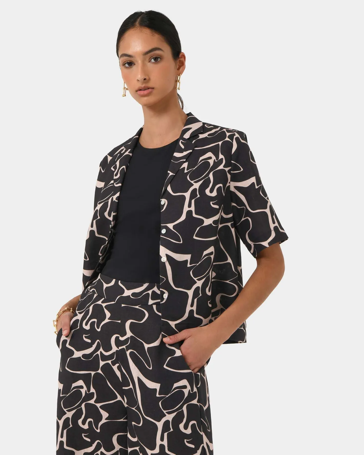 Forcast Pip Linen Blend Shirt Black & Beige Hot
