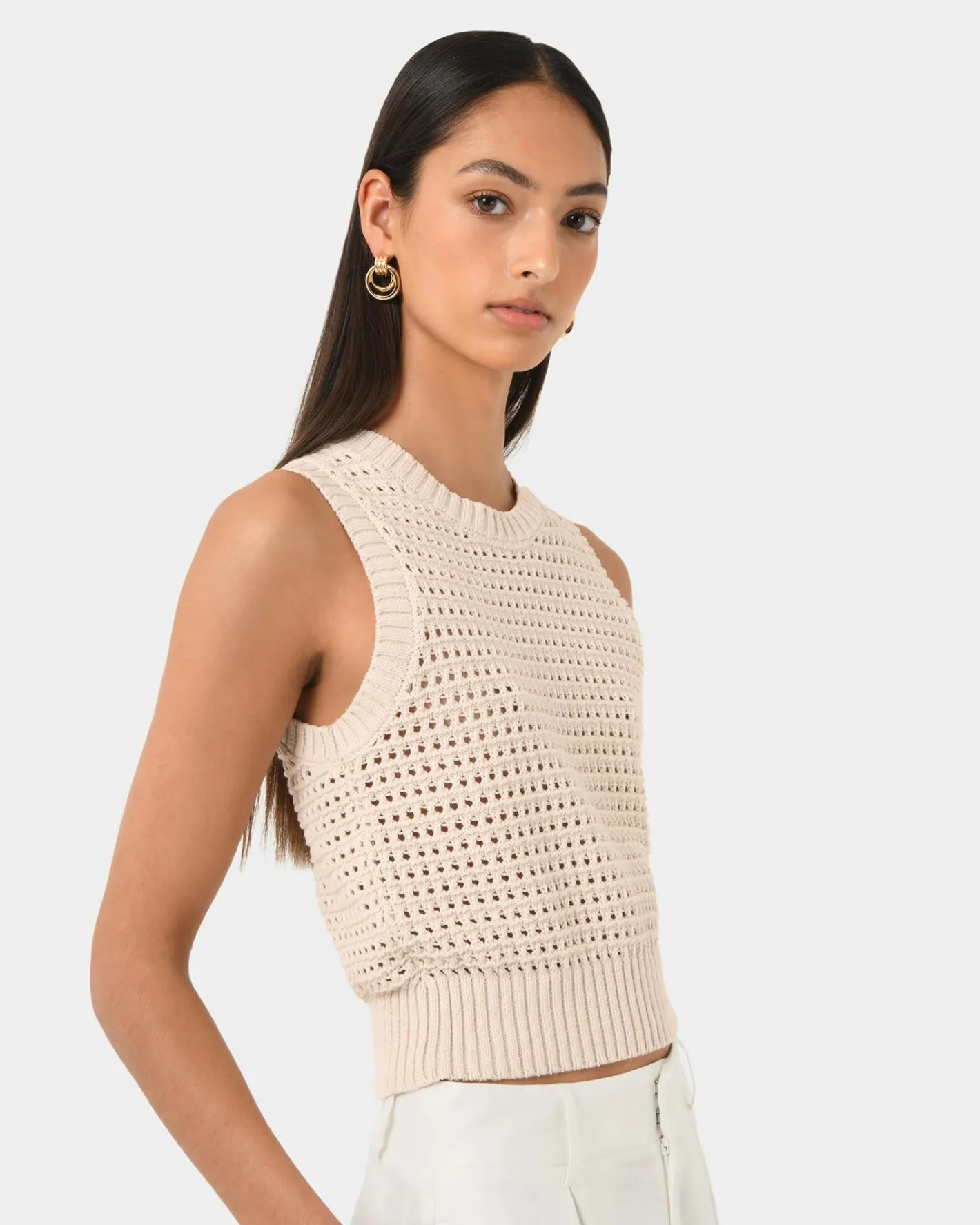 Forcast Quinta Open Knit Top Beige