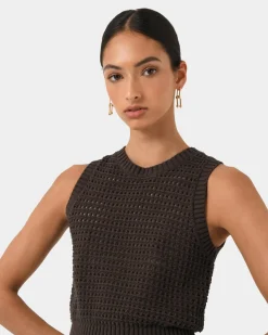 Forcast Quinta Open Knit Top Chocolate Clearance