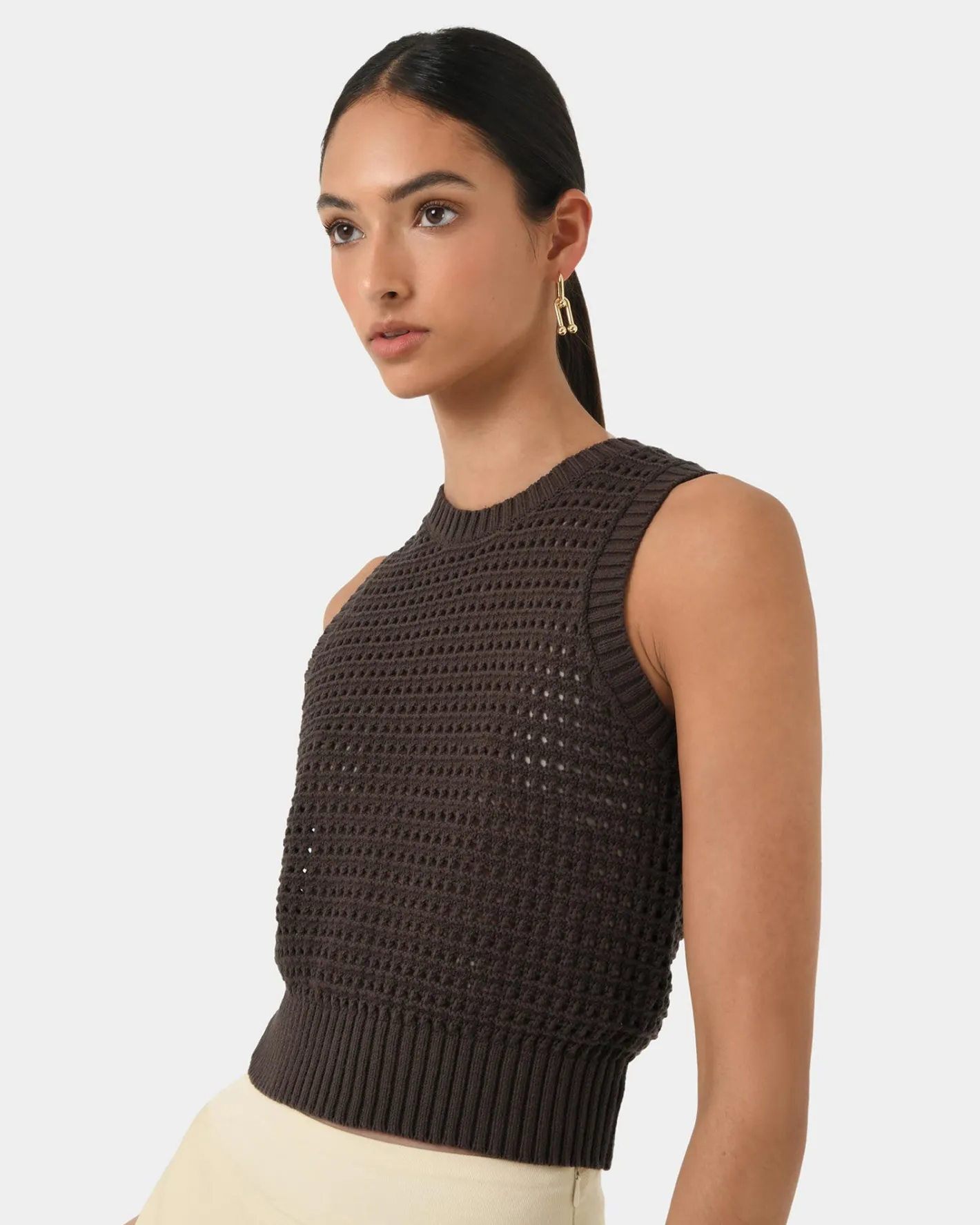 Forcast Quinta Open Knit Top Chocolate Clearance