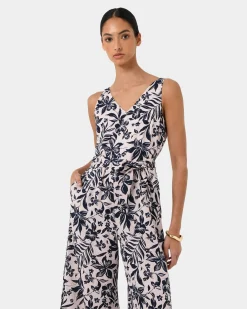 Forcast Ren Linen Blend Jumpsuit Navy Floral Outlet