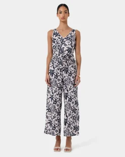 Forcast Ren Linen Blend Jumpsuit Navy Floral Outlet