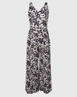 Forcast Ren Linen Blend Jumpsuit Navy Floral Outlet