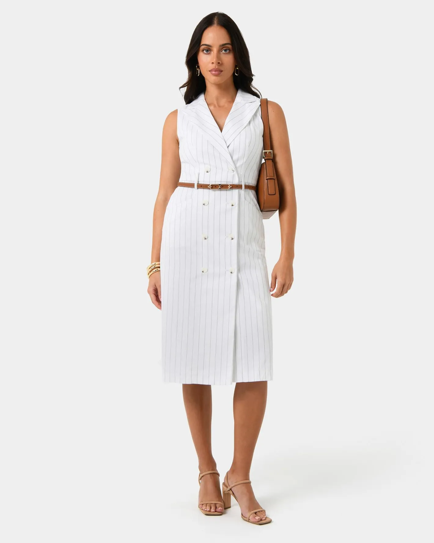 Forcast Ria Stripe Cotton Blend Dress Ivory Brown New