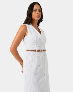 Forcast Ria Stripe Cotton Blend Dress Ivory Brown New