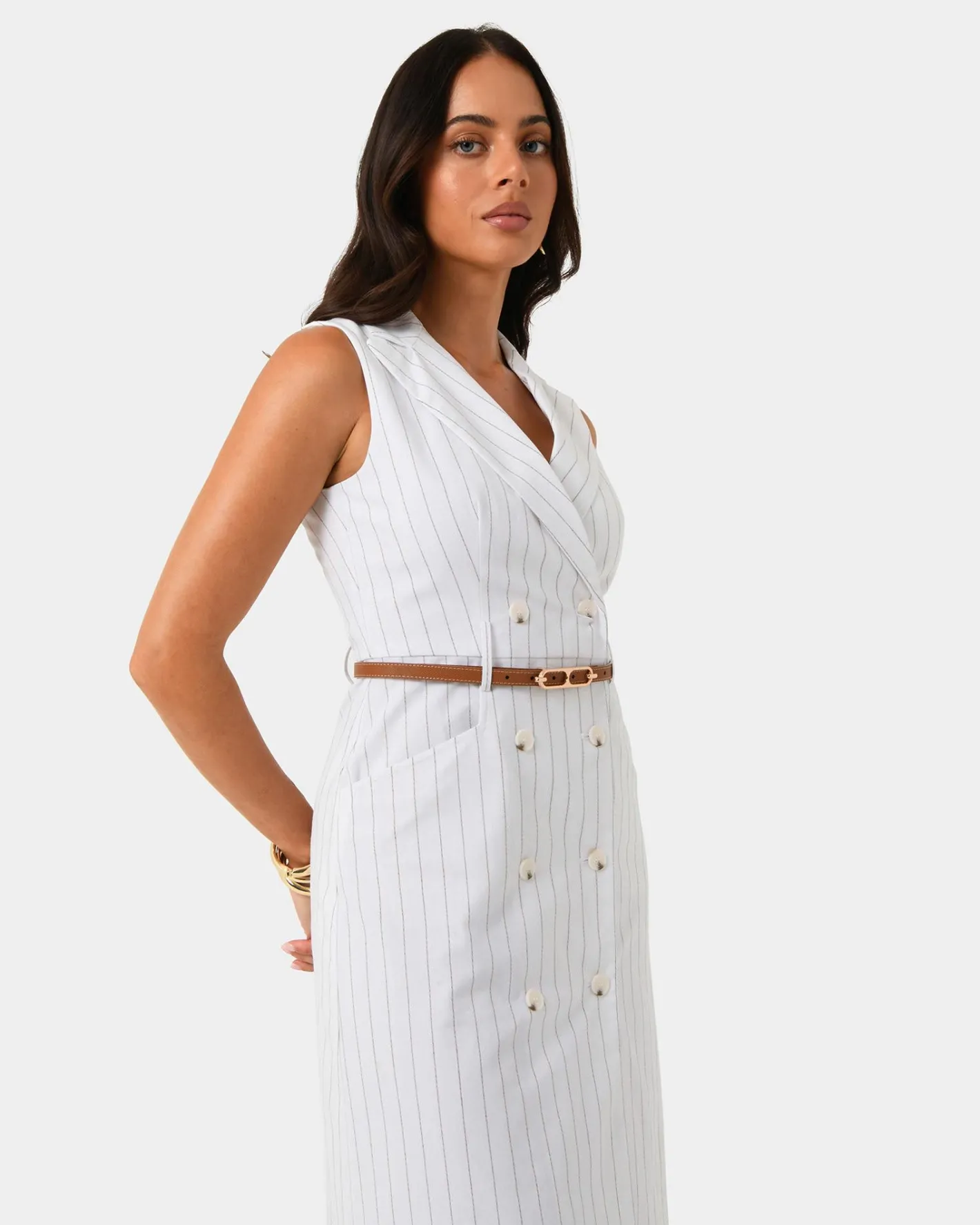 Forcast Ria Stripe Cotton Blend Dress Ivory Brown New