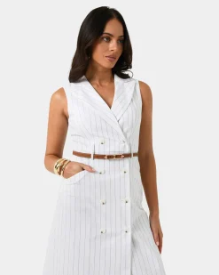 Forcast Ria Stripe Cotton Blend Dress Ivory Brown New