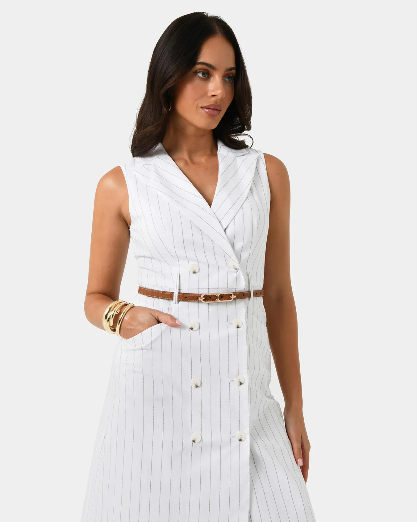 Forcast Ria Stripe Cotton Blend Dress Ivory Brown New