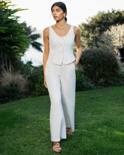 Forcast Ria Stripe Cotton Blend Pants Ivory Brown New
