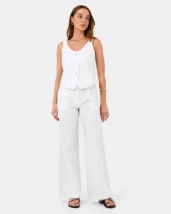 Forcast Ria Stripe Cotton Blend Pants Ivory Brown New