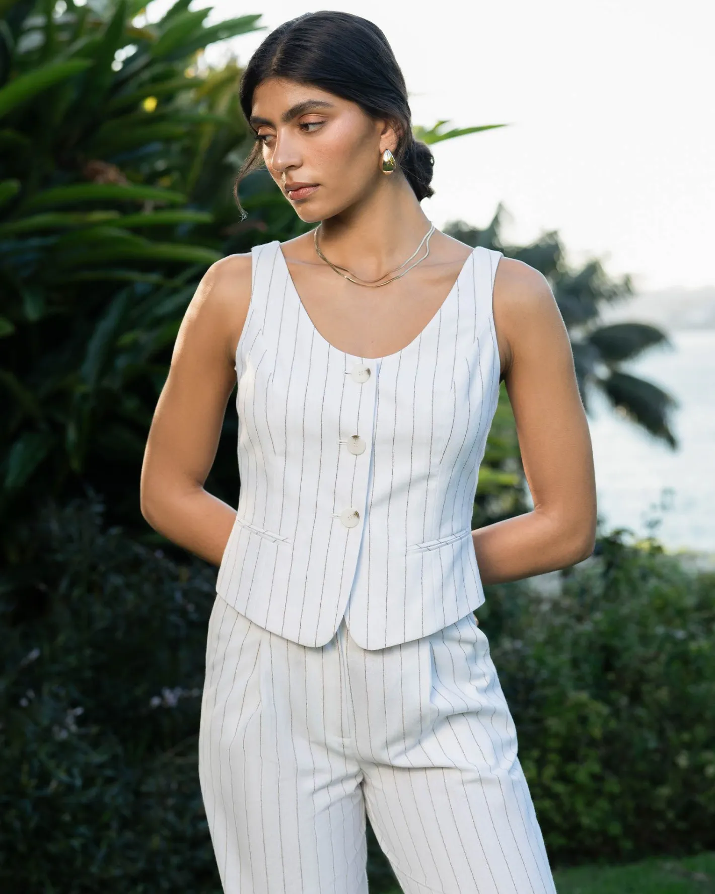 Forcast Ria Stripe Cotton Blend Vest Ivory Brown Best