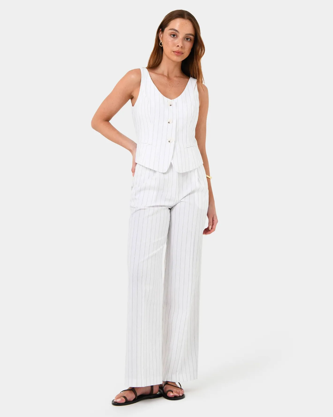 Forcast Ria Stripe Cotton Blend Vest Ivory Brown Best