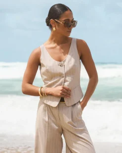 Forcast Ria Stripe Cotton Blend Vest Beige Brown Sale