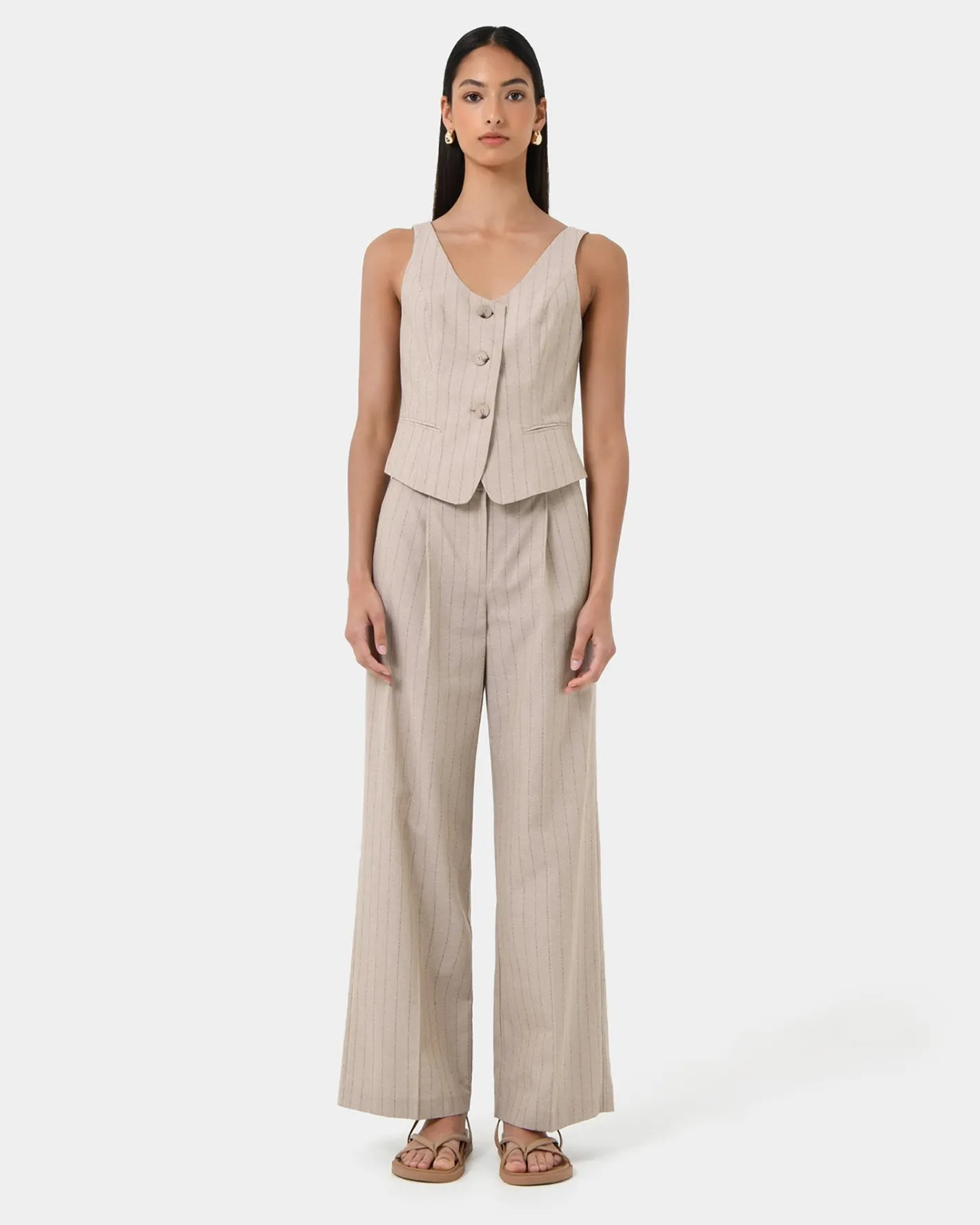 Forcast Ria Stripe Cotton Blend Vest Beige Brown Sale