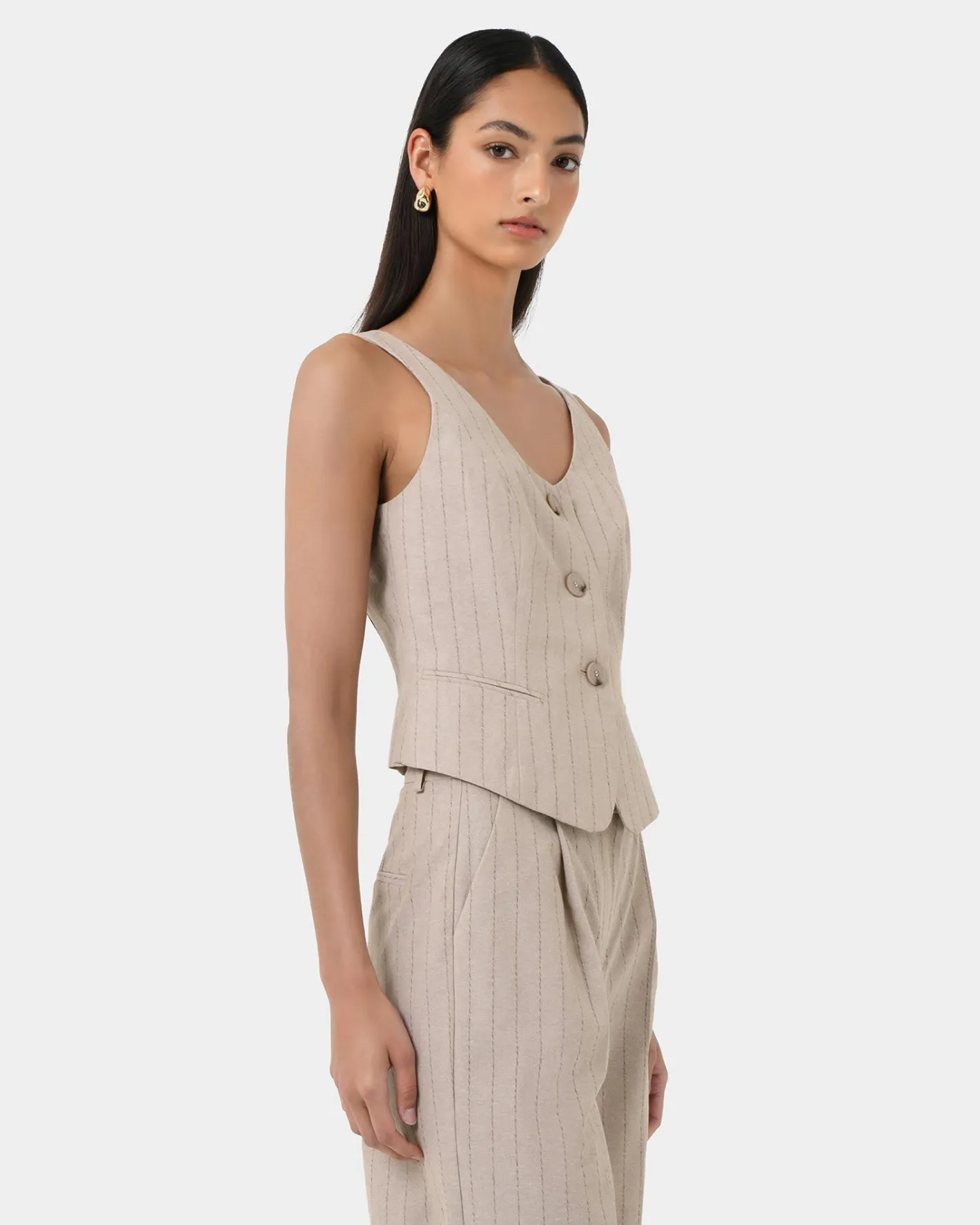 Forcast Ria Stripe Cotton Blend Vest Beige Brown Sale