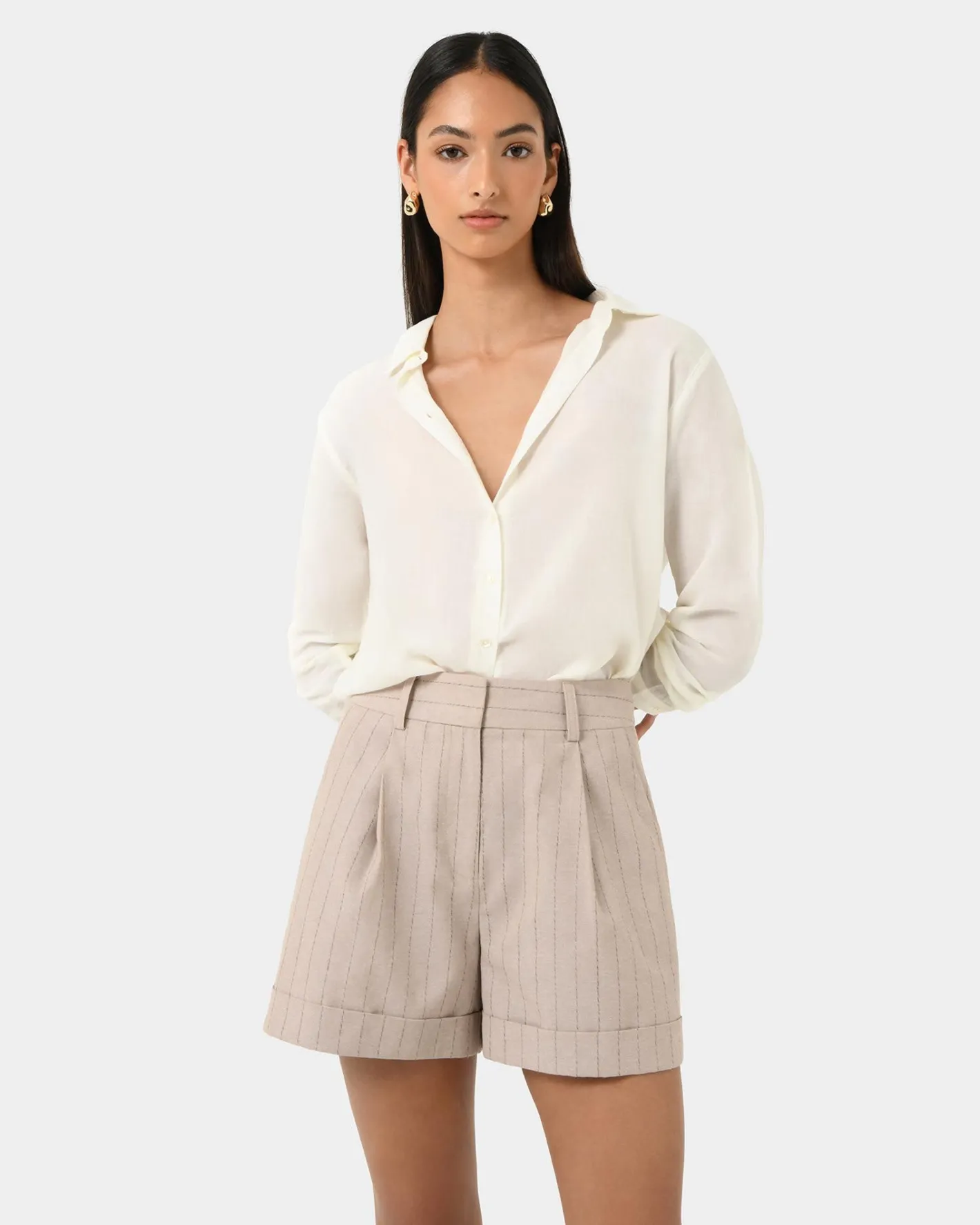 Forcast Ria Stripe Cotton Shorts Beige Brown Online