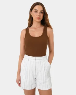 Forcast Ria Stripe Cotton Shorts Ivory Brown Discount