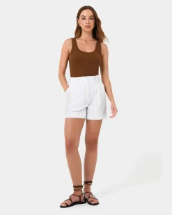Forcast Ria Stripe Cotton Shorts Ivory Brown Discount