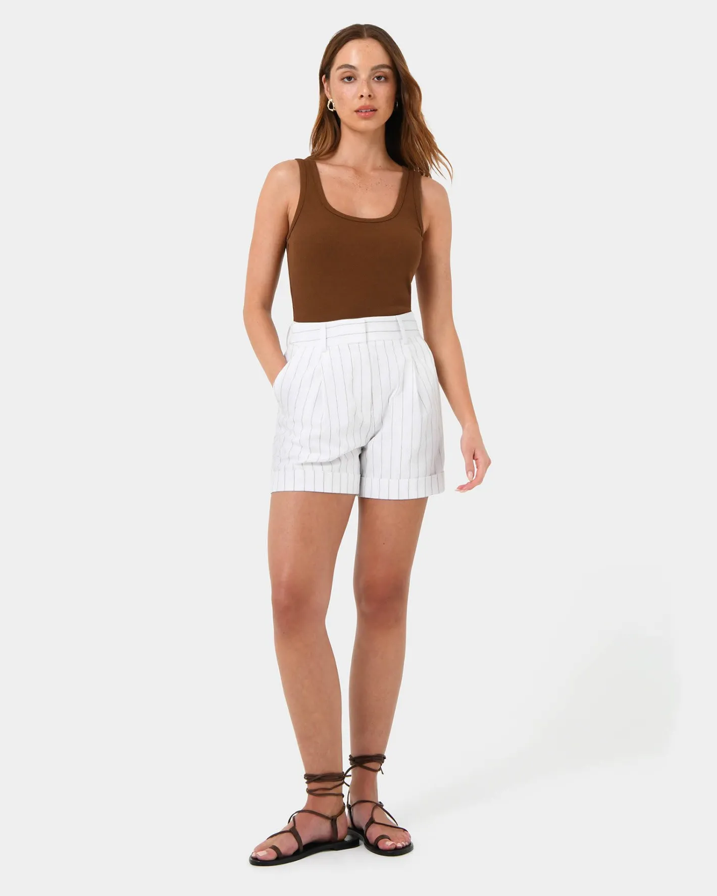 Forcast Ria Stripe Cotton Shorts Ivory Brown Discount