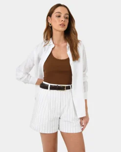 Forcast Ria Stripe Cotton Shorts Ivory Brown Discount
