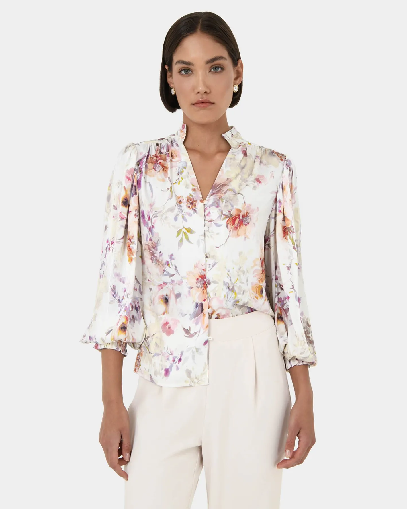 Forcast Rosy Bell Sleeve Blouse Cream Multi Outlet