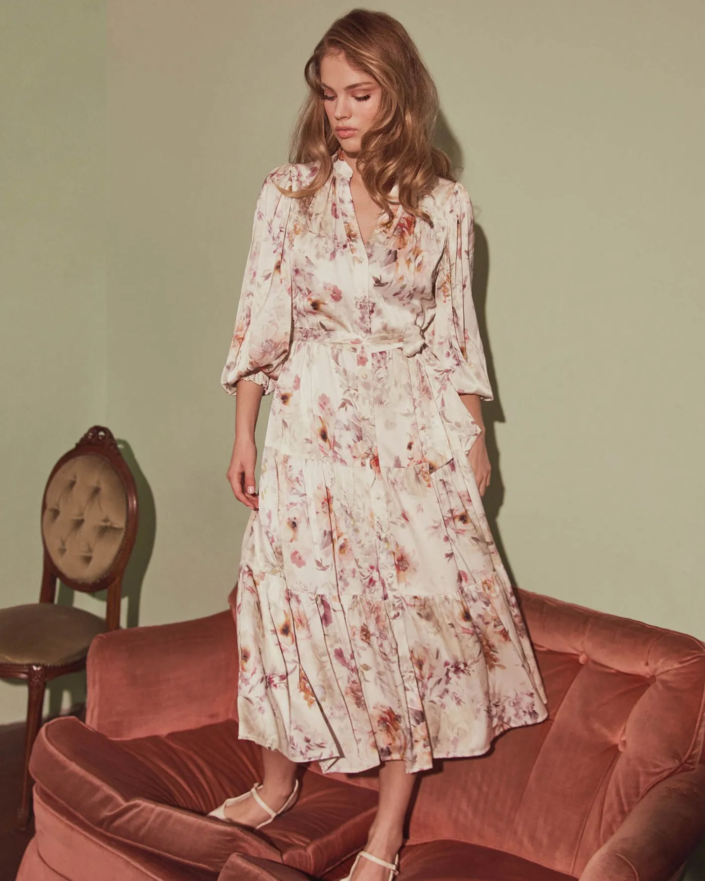 Forcast Rosy Floral Tiered Dress Cream Multi Sale