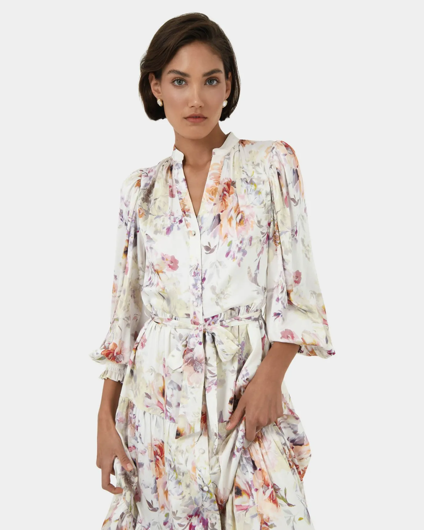Forcast Rosy Floral Tiered Dress Cream Multi Sale