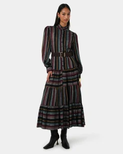 Forcast Roxana Linen Tiered Maxi Dress Vintage Stripe Online